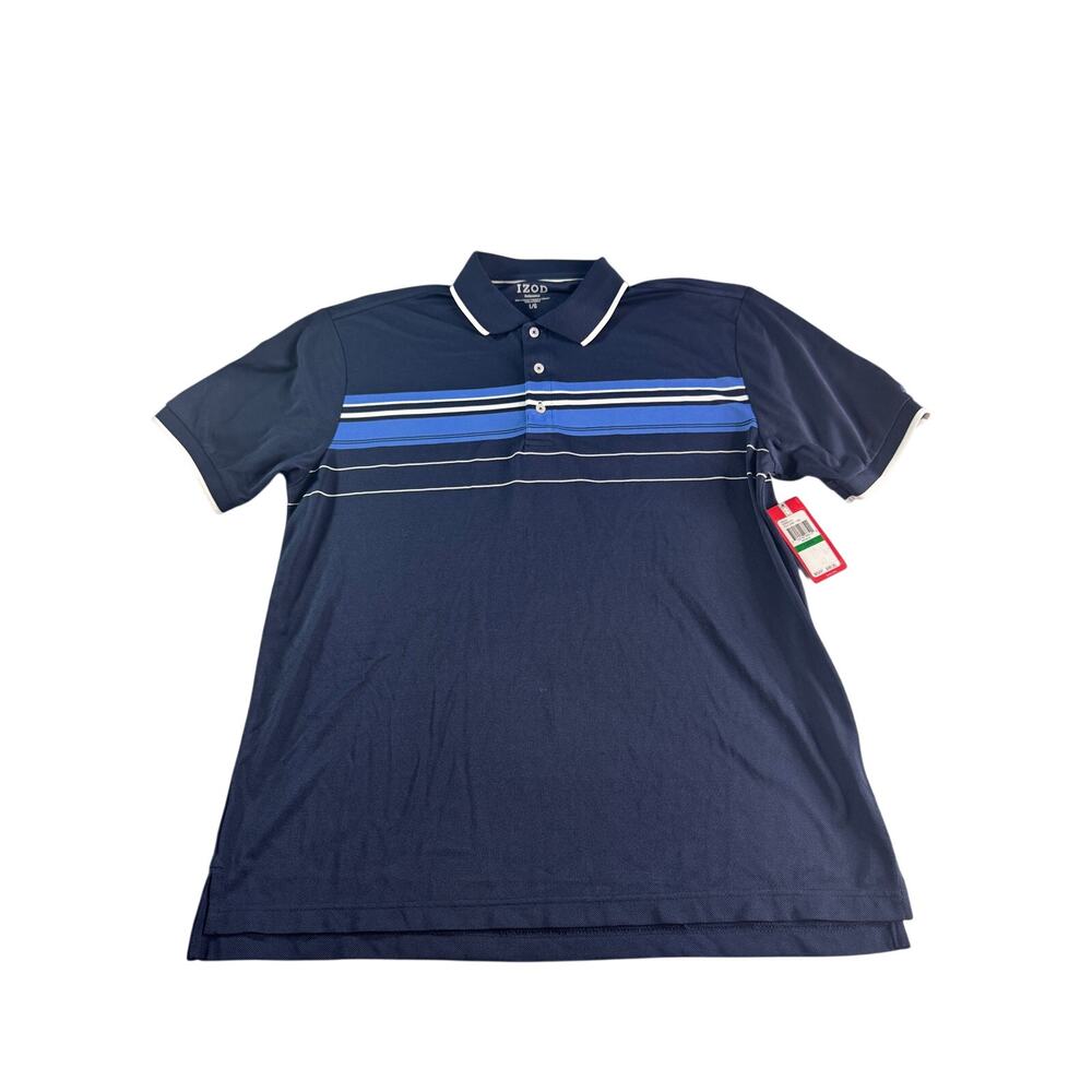 IZOD Performance Polo Shirt Mens L Midnight Blue Striped Golf NWT UPF 15